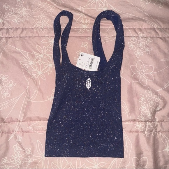 free people happiness runs square neck lurex navy blue sparkle M/L NWT - Picture 5 of 5